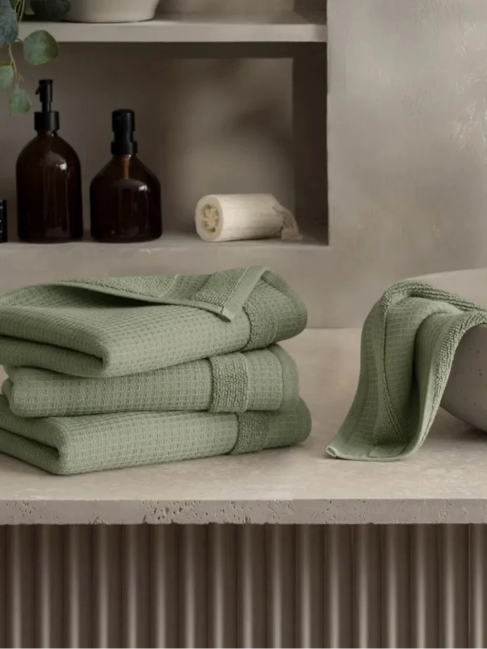 Welhome Waffle-Texture Hand Towel - Sage Green 4-Pack